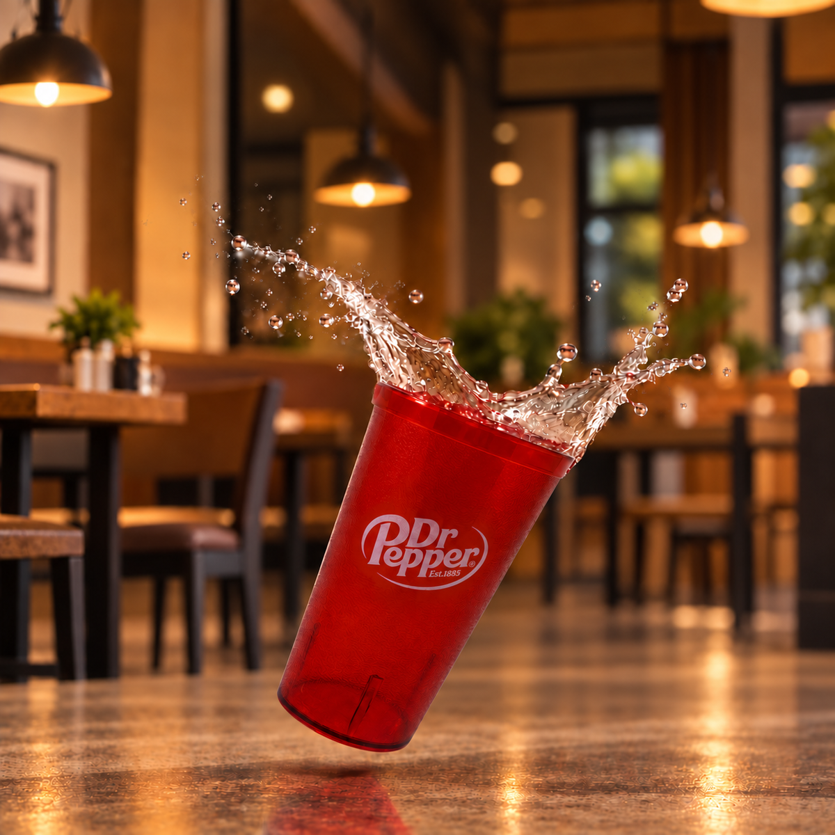 Shatterproof plastic restaurant cup shown dropping without breaking