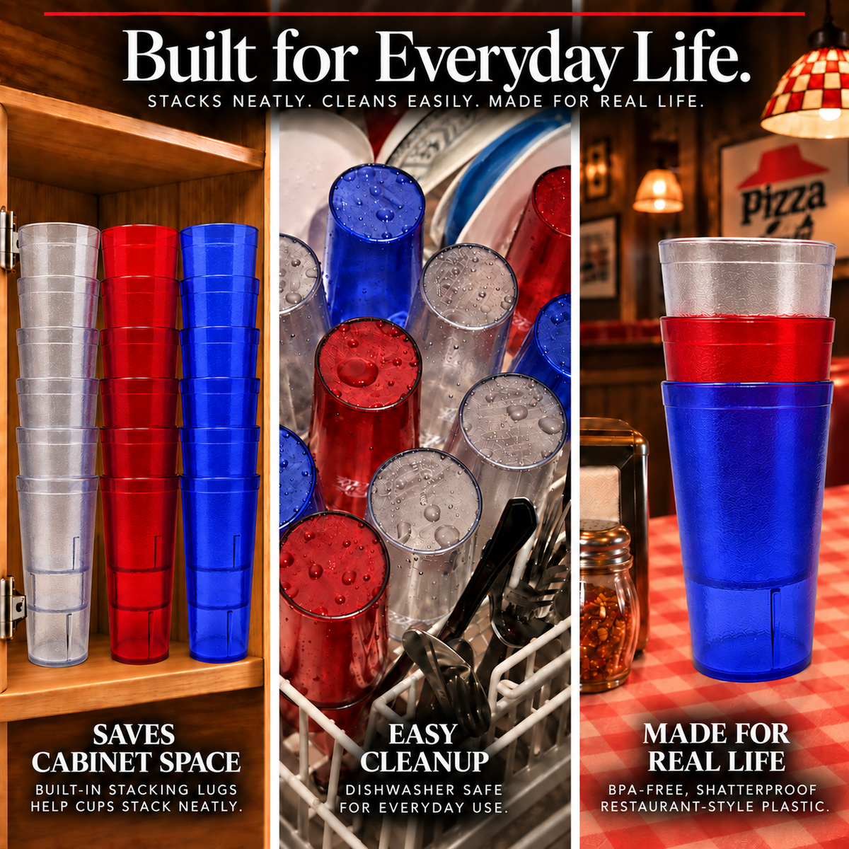 Reusable plastic restaurant cups in clear, red and blue showing stackable, dishwasher-safe and shatterproof features