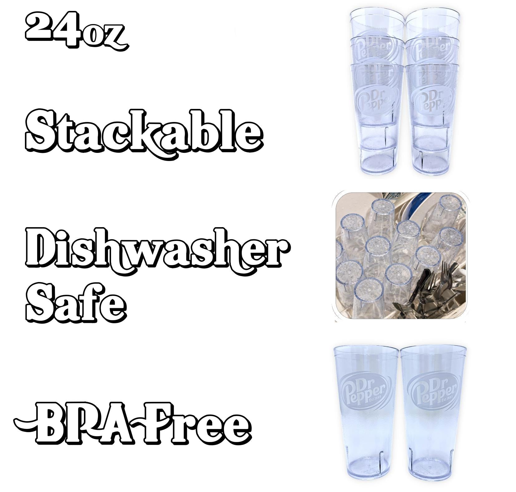 24oz Restaurant Grade Dr. Pepper Clear Heavy-Duty Plastic Tumblers - Reusable, Shatterproof, Stackable, BPA Free Drinkware Cups