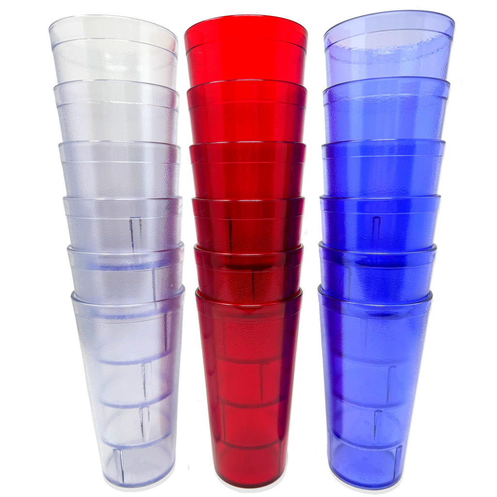 20oz Red Clear Blue Restaurant Grade Clear Heavy-Duty Plastic Tumblers - Reusable, Shatterproof, Stackable, BPA Free Drinkware Cups