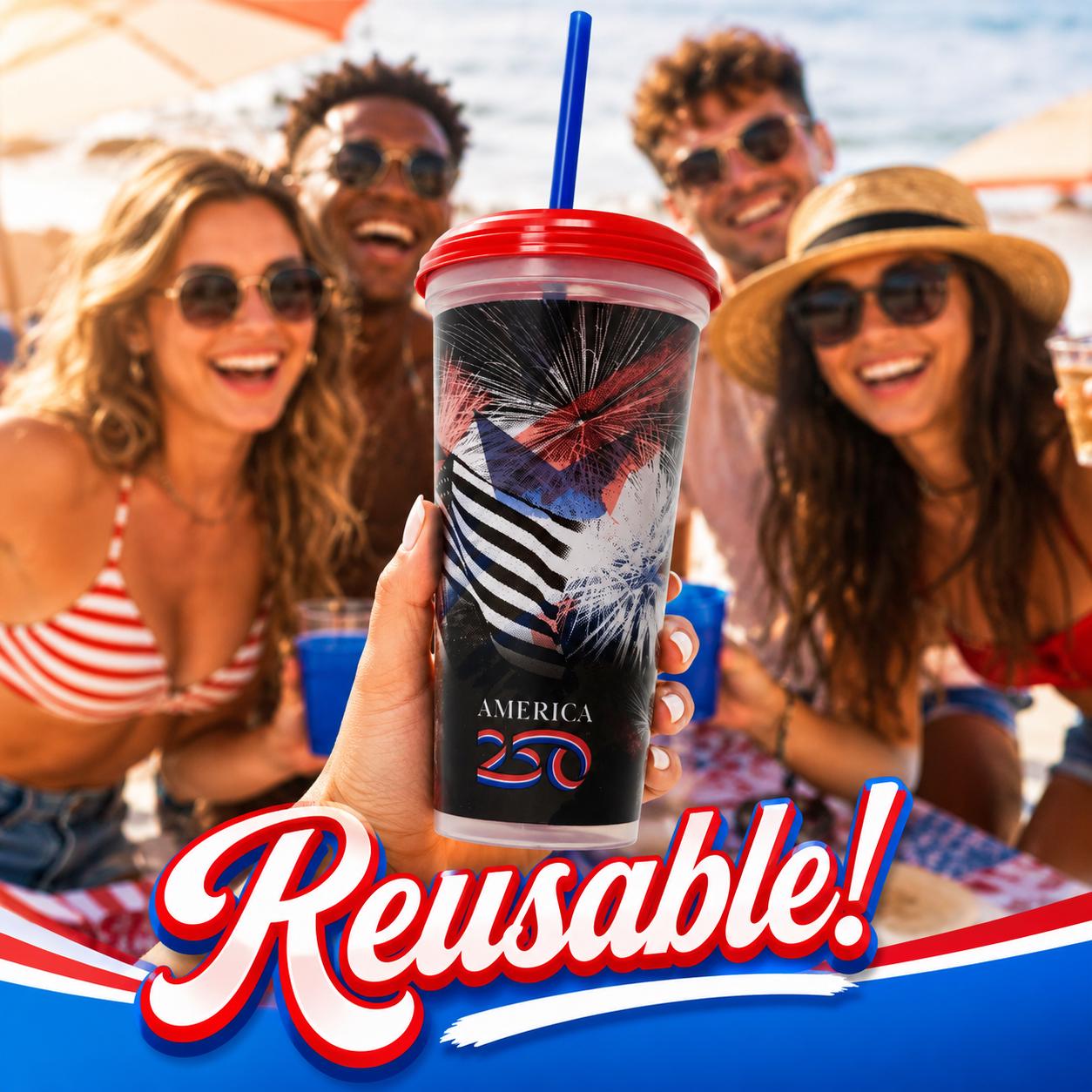 America 250 year anniversary Reusable Cups with Straws and Lids - Made in America 32oz - 10pcs or 4pcs