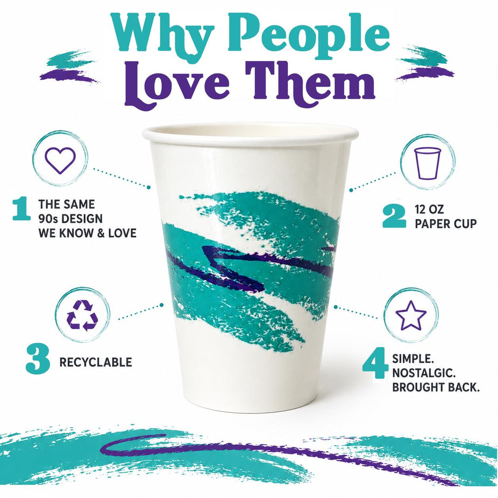 90s Jazz Cups, 12 oz Disposable Paper Cups, Retro Teal Purple Jazz Design, Nostalgic Party Cups for Water, Soda & Events